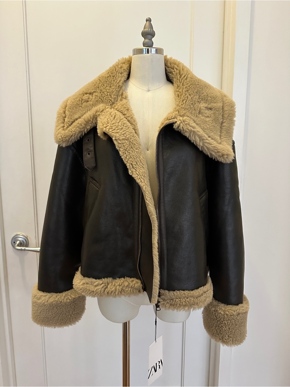 Zara Black Faux-Leather Bomber Jacket with Tan Shearling Trim